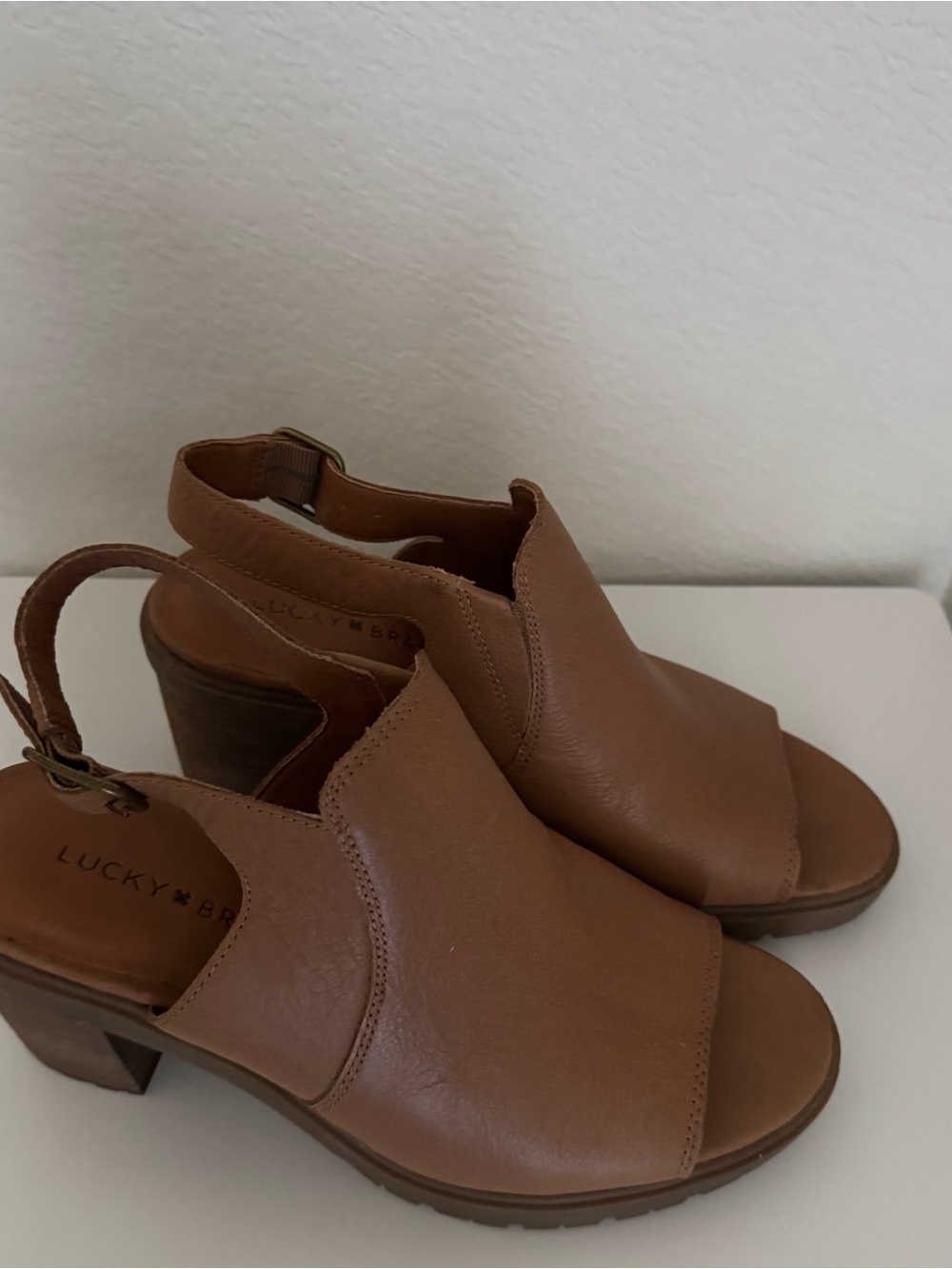 Lucky Brand Brown Leather Open-Toe Slingback Block Heels